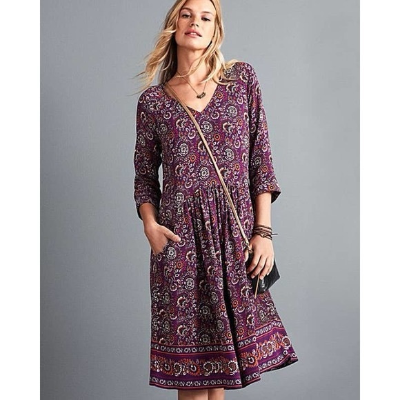 Garnet Hill XS 2 Paisley Purple Midi Dress Bohochic Classic Floral Pockets EUC - Picture 2 of 13
